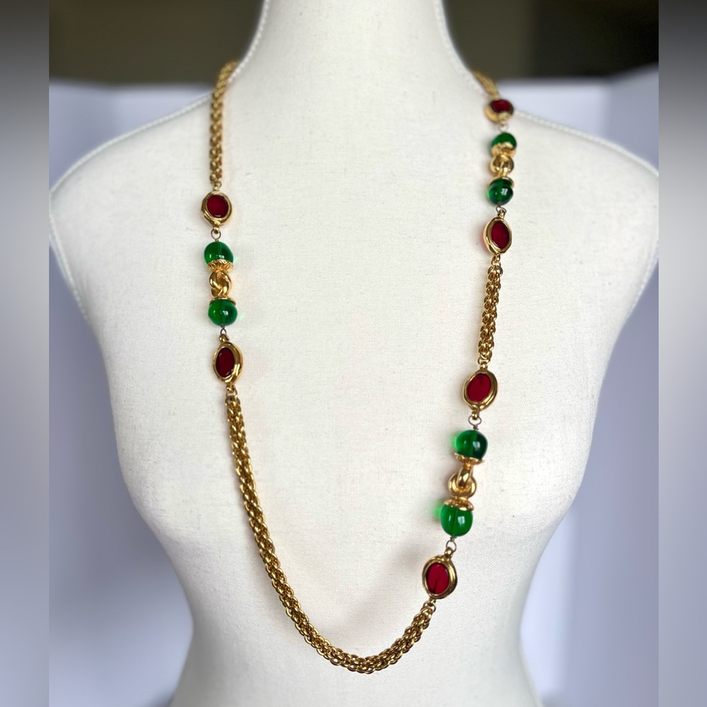 Chanel Gripoix Vintage red green glass 24k gold necklace. Rare! Authentic, EUC.